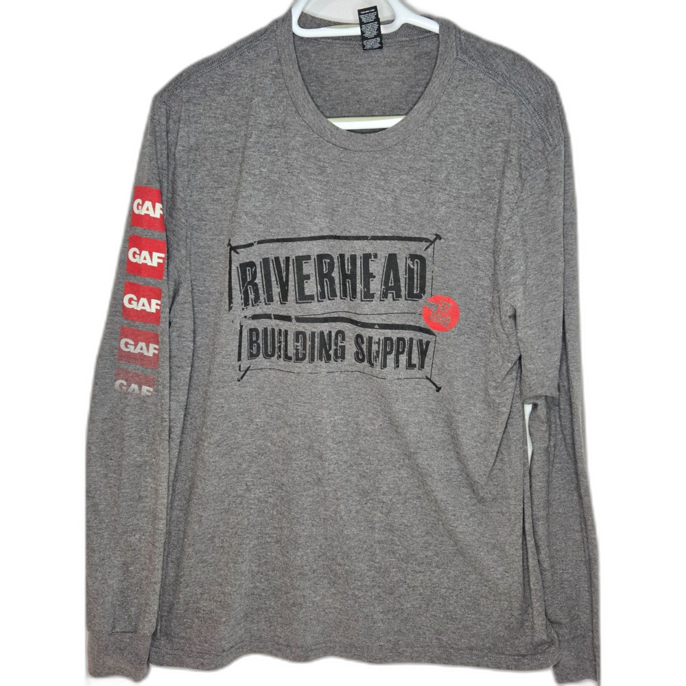 Riverhead Building Supply GAF Long Sleeve T-Shirt | Men's Size L | Heather Gray